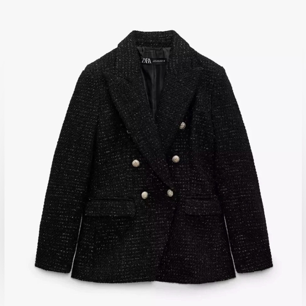 ZARA WOOL BLEND DOUBLE BREASTED TEXTURED WEAVE JACKET, Size L - Picture 3 of 10